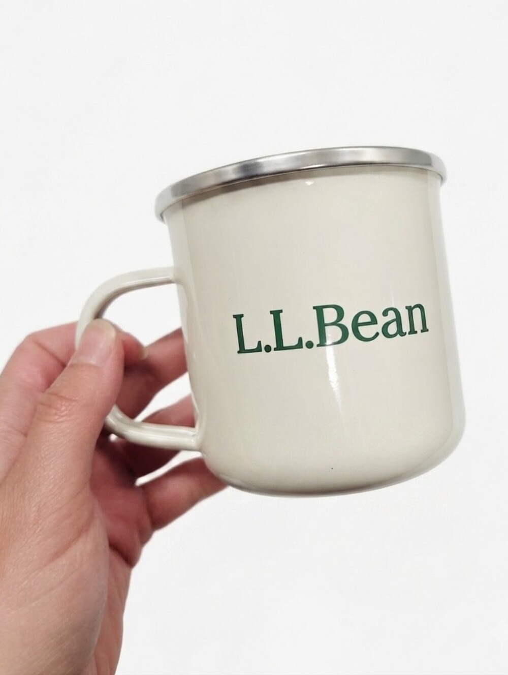 Vintage L.L.Bean White Enamel Camp Mug with Green Logo